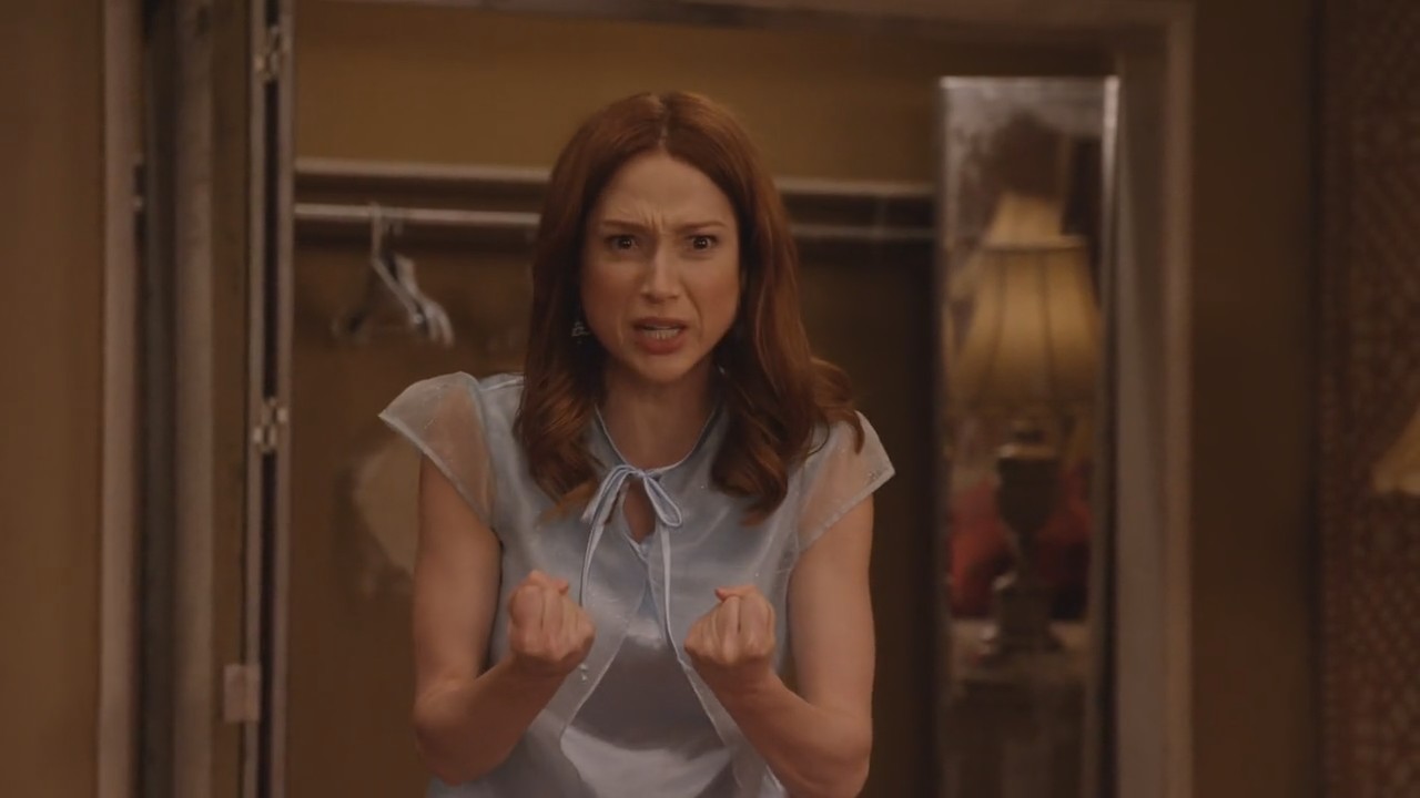 Ellie Kemper wears a baby blue sheer satin Frozen chemise throughout the ep...
