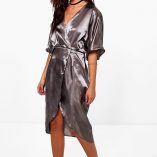 Boohoo Aly Satin Wrap Drape Kimono Sleeve Midi Dress 1