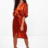 Boohoo Aly Satin Wrap Drape Kimono Sleeve Midi Dress 7