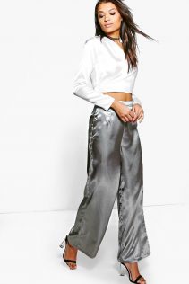 Boohoo Grace Satin Wrap Top & Wide Leg Trouser Co-Ord 1