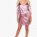 Boohoo Hedvi Cold Shoulder Ruffle Satin Shirt Dress 1