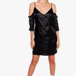 Boohoo Hedvi Cold Shoulder Ruffle Satin Shirt Dress 5