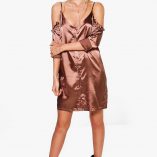 Boohoo Hedvi Cold Shoulder Ruffle Satin Shirt Dress 7