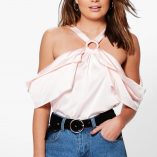 Boohoo Tia Cold Shoulder Ring Detail Satin Top 7