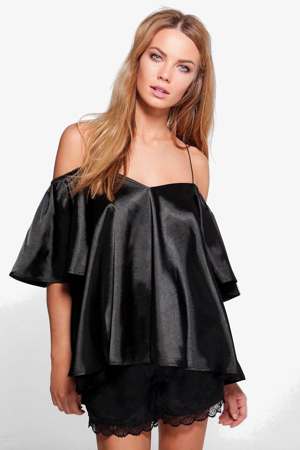 Boohoo Bella Frill Sleeve Strappy Satin Top - Satiny