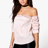 Boohoo Laura Satin Ruched Sleeve Bardot Top 1