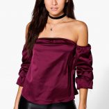 Boohoo Laura Satin Ruched Sleeve Bardot Top 7