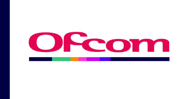 The Ofcom logo with the letters of the word in a pastel red font set against a white background. There is a test card like line beneath with a dark navy band down the left hand side.